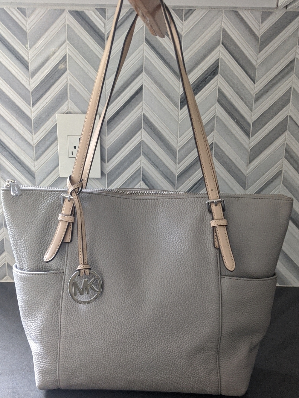 Michael Kors Light Gray Pebbled Leather Tote with Beige Straps